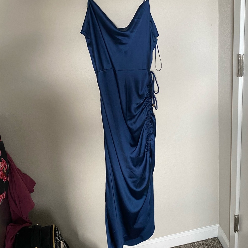 Cute satin midi dress with a slight split on side!